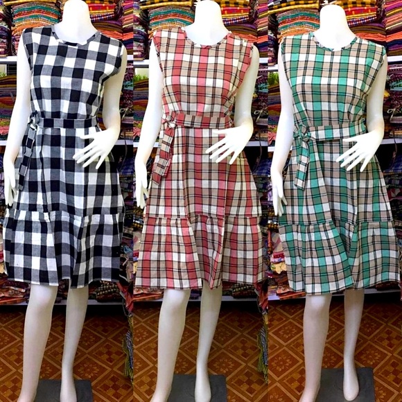 Polished neutral plaid A-line statement dress with a removable self-tie belt. - Picture 7 of 11